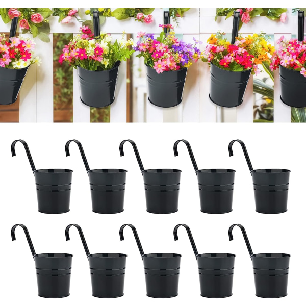 10-pack metallhängande blomkrukor - för staket eller balkong - med avtagbar krok, svart