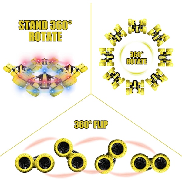 Fjernstyrt bil, RC stuntbil, elektrisk 4WD 2,4 GHz dobbeltsidig roterende bil med LED-lys, 360° terrenggående lekebil for barn (gul)