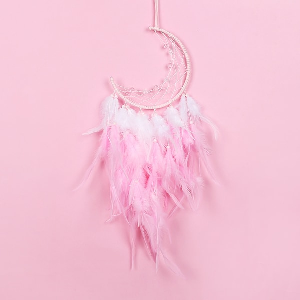 Drömfångare i månform, handgjord, rosa fjädrar, boho drömfångare, macramé väggdekoration, juldrömfångare, väggdekor, hantverk, present
