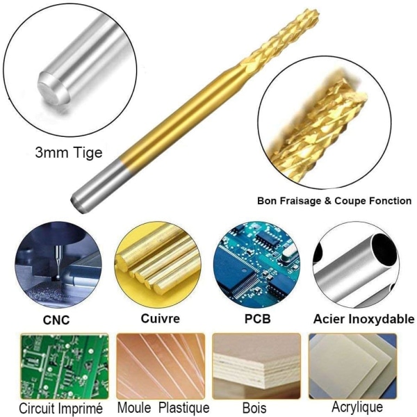 10 stk. PCB roterende fræsere titaniumbelagt hårdmetal end mill gravering bits sæt 1/8\" (3mm) skaft bor til CNC roterende gravering 0,8mm-3,175mm