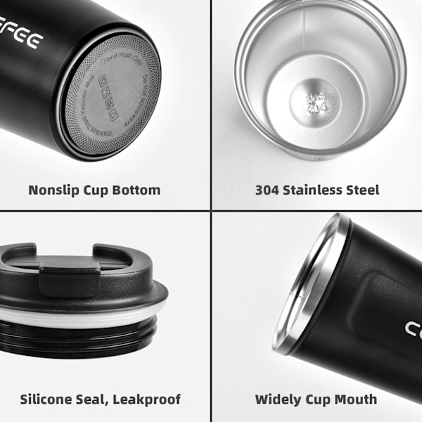 Reseförvaringsmugg för kaffe, 380 ml Isolerad kaffekopp med läckagesäker lock, Återanvändbar dubbelväggig vakuumtermosmugg i rostfritt stål