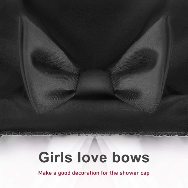 Extra stor cap, Bowknot dubbellager återanvändbara badhårmössor med silkeslen satin för kvinnor (svart)
