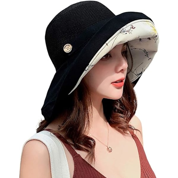 Kvinnors Mesh Solhattar Sommar Strand UV-skydd UPF Packable Bred Brätte Hakrem balck