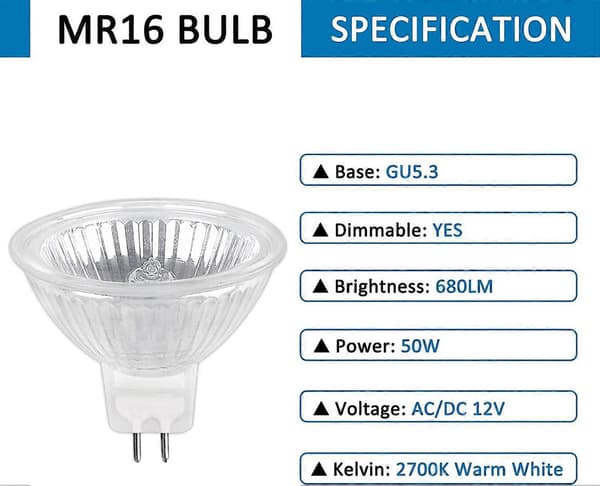 Halogenlampa GU5.3 50W 12V, 800lm Varmvit 2700K Dimbar, Halogen Spotlight Lampa MR16, 6-pack