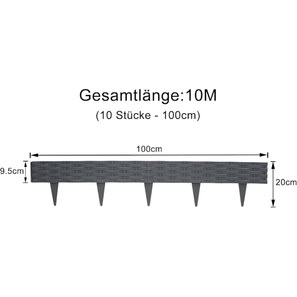 Trädgårdskant av Plast - 20*100cm - Flexibel Faux Rottingstaket - Kopplingsbar - Mörkgrå