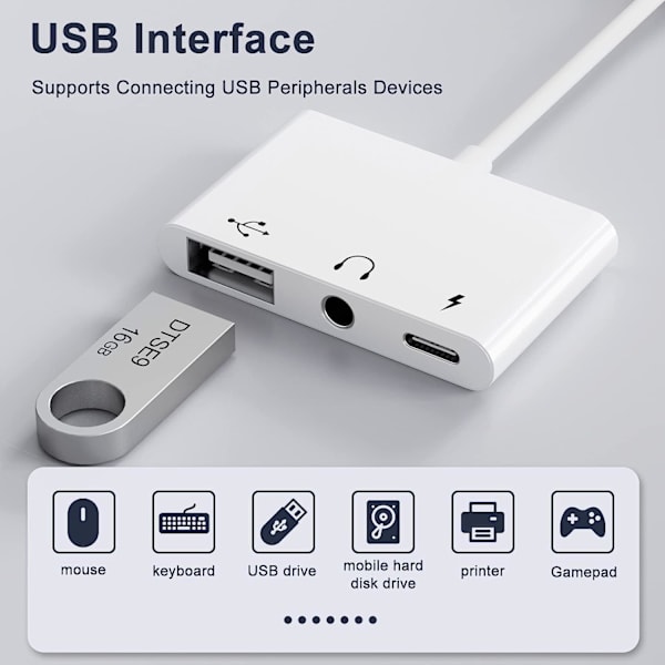 USB C - USB -sovitin, 3-in-1 USB C - USB A OTG -sovitin 3,5 mm:n kuulokeliitännällä ja 60 W:n PD-pikalatausportilla