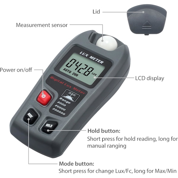 20000 FC/200000 Digital Ljusmätare Handhållen Digital Illuminans Fotometer LCD Illuminans Luminometer Ljus Tester Mätare för Skola Familj etc