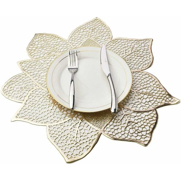 Sæt med 6 vaskbare dækkeservietter, isolerede, blomstermønster, PVC, guld, 44*46cm