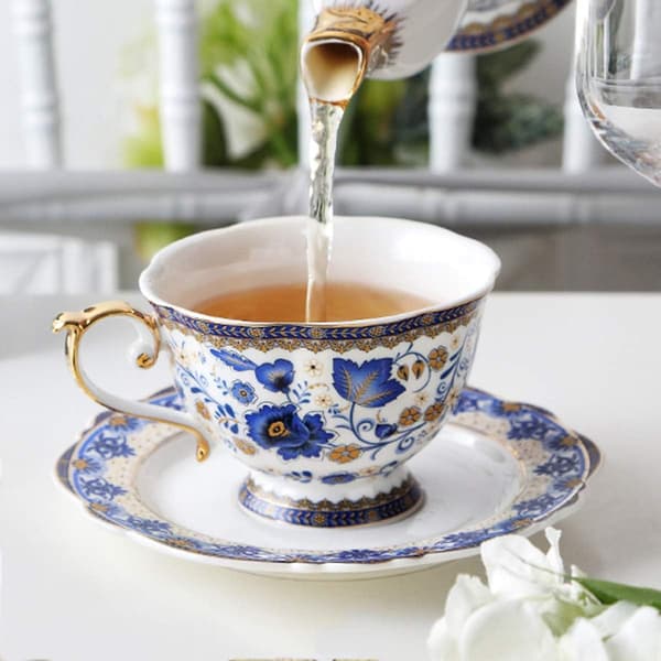 Blå blommönster Fin Bone China Kaffekopp, Porslinskopp och Fat Set, 200ML
