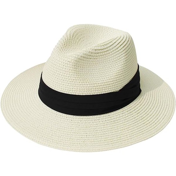 Damer Bred Brätte Halm Panama Roll Hat Bälte Spänne Fedora Beach Sun Hat