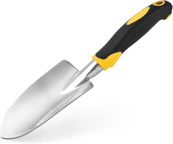Gul aluminium hagespade, egnet for planting, omplanting, luking og transport.