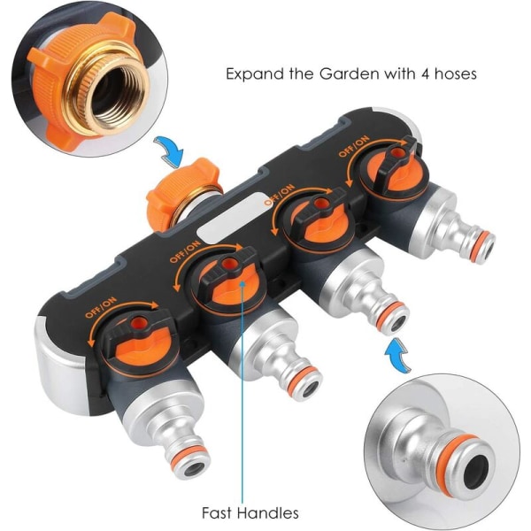 2/4-vägs splitter, 3/4" och 1/2" med kranadapter för trädgårdsbevattning och trädgårdsslang