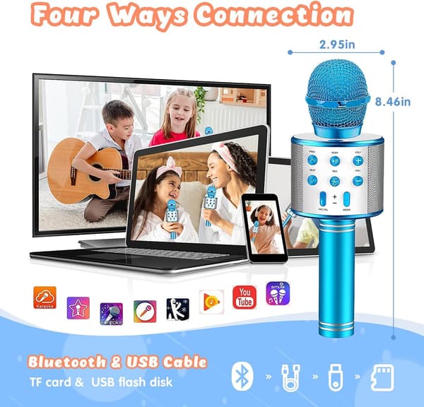 Trådløs Bluetooth-mikrofon for barn, karaoke-mikrofon for Android/iPhone/iPad/Sony/PC - Beste gaver for 4-12 år gamle jenter/gutter (blå)