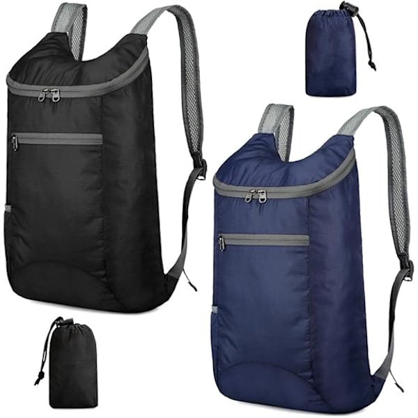 2 Ultralette Foldbare Ryggsekker, Vannresistente Dagstursekker, Pakkbare Ryggsekker for Reiser, Utendørs Camping og Klatring Azul