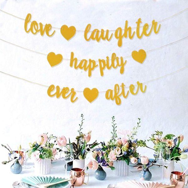 3 Pak Guld Glitter Kærlighed Latter og Lykke Forever Banderoler - Forlovelsesfest Dekorationer
