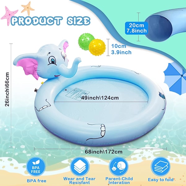 Baby Splash Pad Vandmåtte 172cm Sprinkler Vandleg Måtte, Udendørs Sommerlegetøj Splash Pool Oppustelig med Udendørs til Leg med Børn