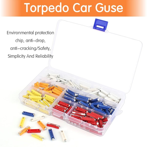 Torpedofuse, 200 stk. biltorpedofuse til bil, motorcykel, med opbevaringsboks og Continental bilsikringer (5A/8A/10A/16A/25A)