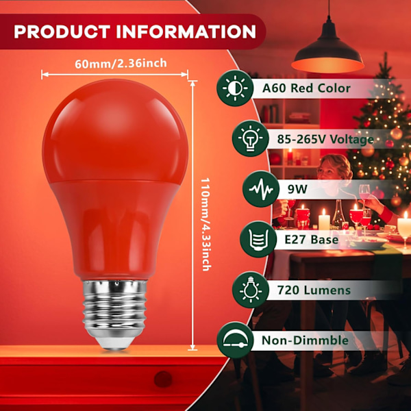 Punainen LED-lamppu E27 A60/ 9W, E27 Punainen LED-lamppu, vastaava hehkulamppu 9,0W, E27 Punainen lamppu sisustukseen, kotiin, juhliin, 4 kpl