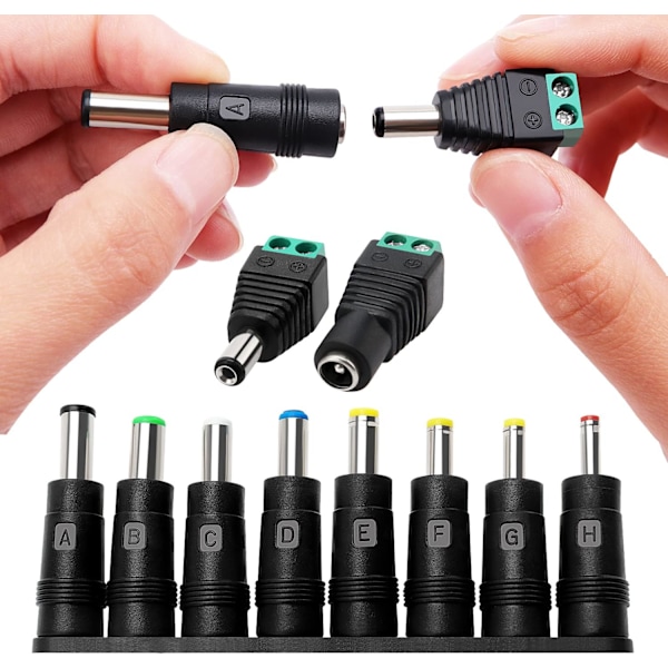 8-in-1 DC-virtasovitin kannettavalle tietokoneelle, 5,5x2,1 mm naaras-uros -sovitin DC-uros- ja naarasliittimillä