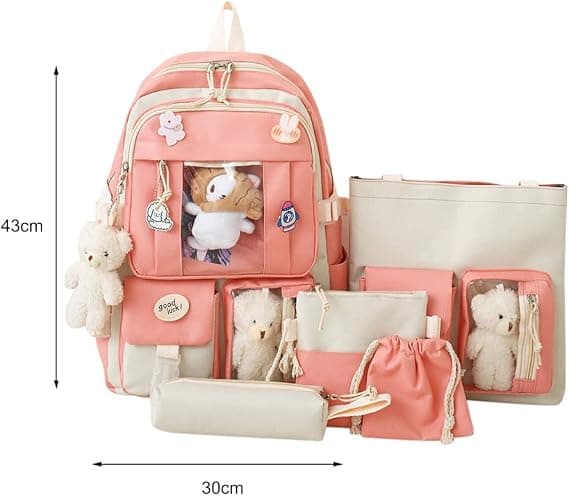 5-pack Canvas Skolväska Set, Kawaii Skolväska för Flickor Student