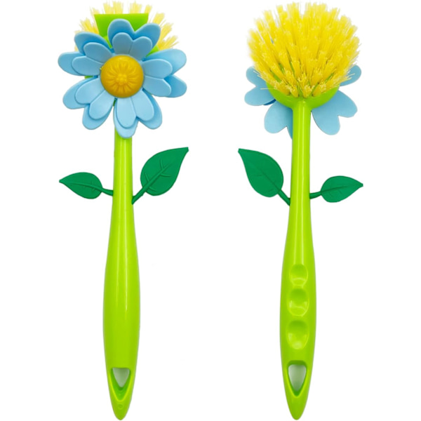 Langskaftet opvaskebørste, blomsterformet opvaskebørste i nylon med stativ til køkkenopvask