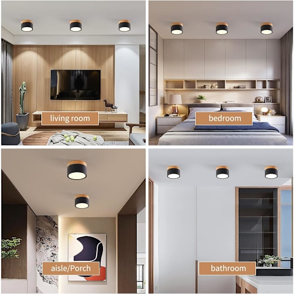 LED-kattovalaisin, puu-koristeella, mini-kattovalaisin, pyöreä, kylmä valkoinen 6000 K, 12 W
