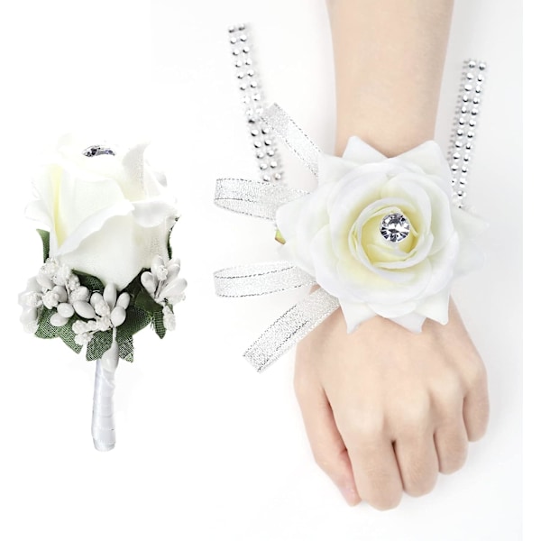 2-pack Bröllops Handleds Corsage och Corsage Set, Vit Bröllopsblomma Tillbehör Boll Set Dekoration
