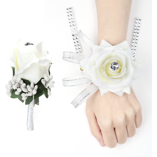 2-pak Bryllups Håndleds Corsage og Corsage Sæt, Hvid Bryllups Blomster Tilbehør Bold Sæt Dekoration
