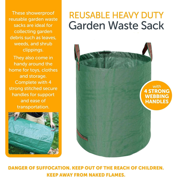 Kraftiga trädgårdsavfallspåsar - Stor trädgårdspåse med handtag - Vattentäta sopsäckar - Paket med 3 (grön - 400L)