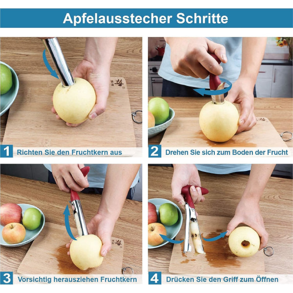 2 delar äppelkärna, 304 äppelkärna i rostfritt stål, med skarpt tandad kniv och ergonomiskt handtag, för frukt och grönsaker, röd och svart
