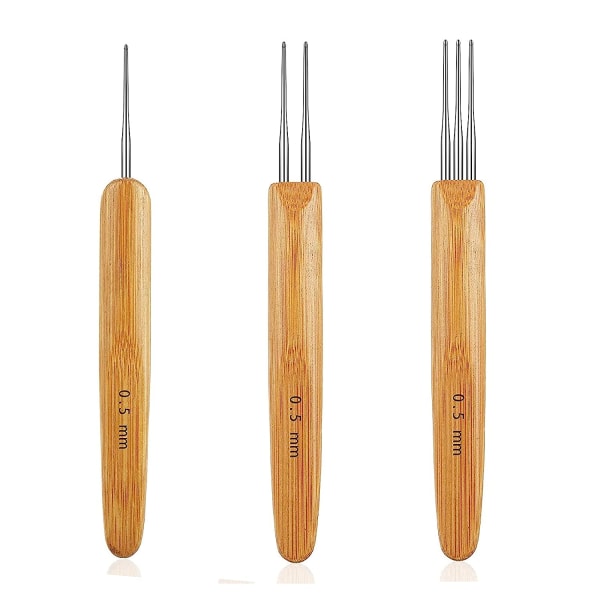 3 olika virknålar (1 krok, 2 krokar, 3 krokar), virknålar för hår med bambuhandtag, 0,50 mm hårvävning
