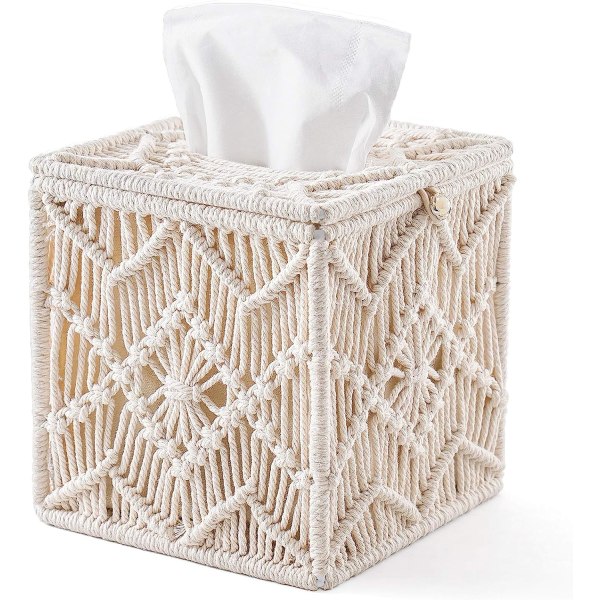 Tissue Box Cover Boho Decor Fyrkantig papper Tissue-hållare med pärlspänne Makrame Servett Tissues Organizer Hem Skrivbord Inredning för badrum Sovrumsbyrå