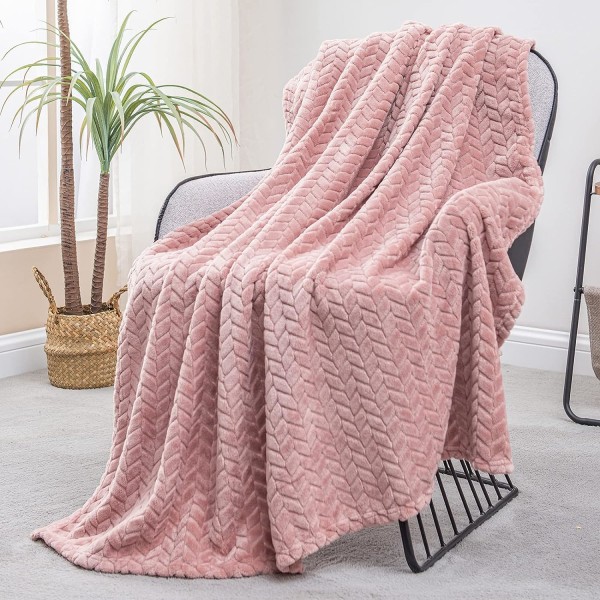 Flanellfilt, 127x178 CM soffkast, mjuk jacquardvävd bladmönstrad filt för soffa, rosa filt