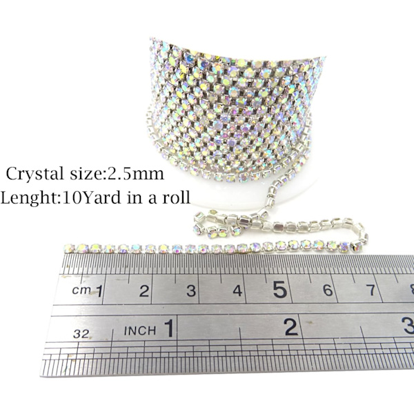 20 meter kristall strass nära kedja trim sömnad hantverk 2,5 mm silverfärg
