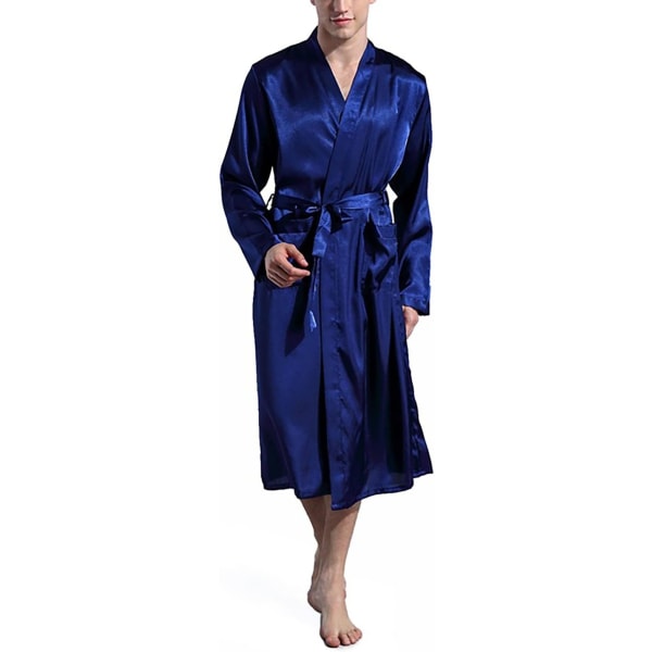 Herrbadrock sommar lätt bastukostym långärmad mantel med skärp sommarrock pyjamas sidenpyjamas kimono pyjamas herrpresent Navy blue XXL