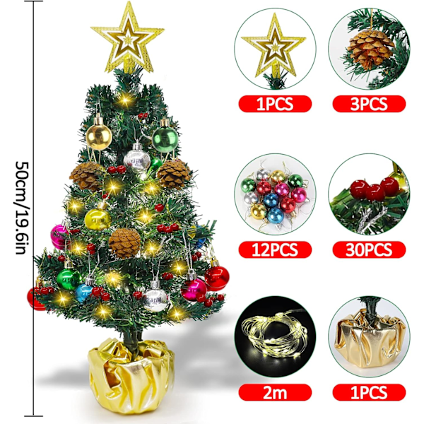 45 cm:n keinotekoinen joulukuusi, jossa LED-valot, paristokäyttöiset joulukuusen koristeet kultaisella tähdellä ja värikkäillä palloilla, kodin sisustamiseen