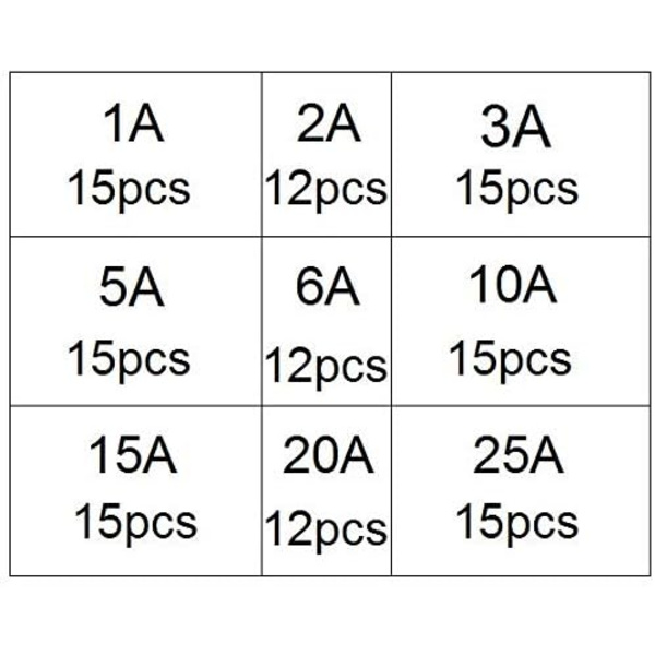 126 st glasrörssäkringar, 6 x 30 mm glaspatronssäkringar, snabba bilsäkringar, snabba glasrörssäkringar (AMP 1A 2A 3A 5A 6A 10A 15A 20A 25A)