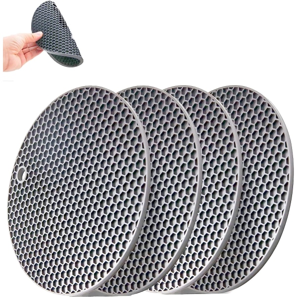 Set med 4 runda silikonunderlägg Diskmaskinsäker, halkfri och värmebeständig | gråsvart upp till 250 °C (rund grå, 14 x 14 cm)