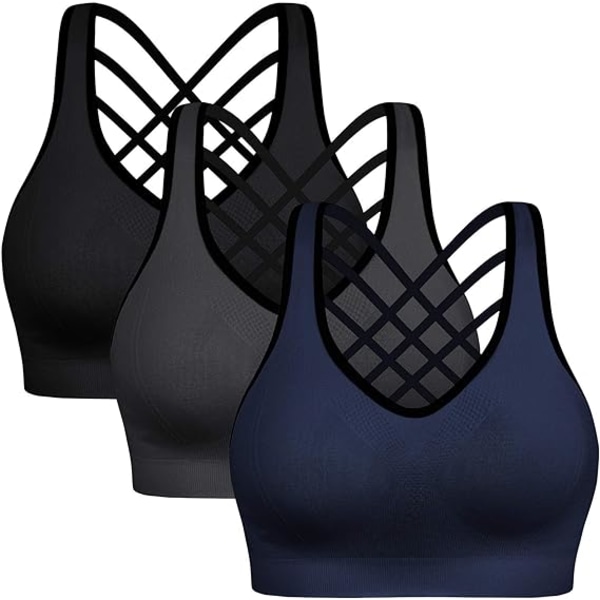 Polstret sports-BH med stropper for kvinner - Aktivtøy for yoga, løping og trening - 3-pakning Black Gray Blue M