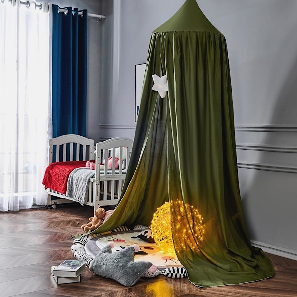 Lasten sängiverho, Tummanvihreä pyöreä sängiverho lapsille, Hyttysverkko, Makuuhuoneen lastentarhan suojaava verho, Riippuva verhot, Leikkiteltta Army green