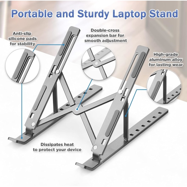 Grå bærbar computer stand, 7 niveauer højdejusterbar bærbar computer stand skrivebord, aluminium ventileret kølestand bærbar computer riser, silikone skridsikker notesbog riser