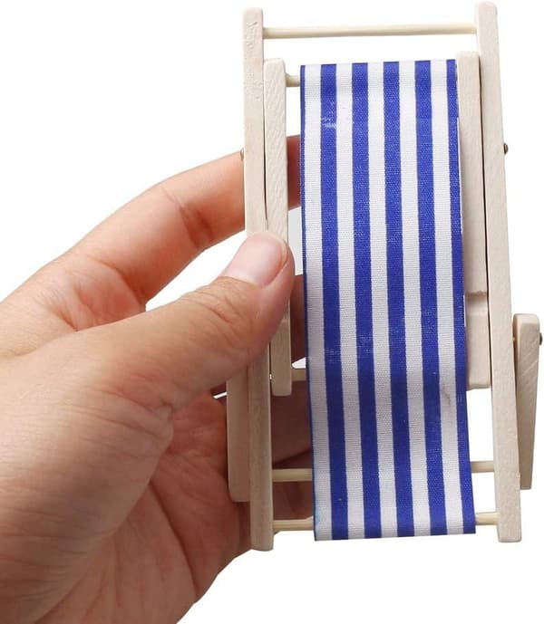 2 stk. Mini Strandstole, Mini Træstol Strandstol Model Mini Sammenklappelig Strandstol Mini Møbel Tilbehør med Røde/Blå Striber