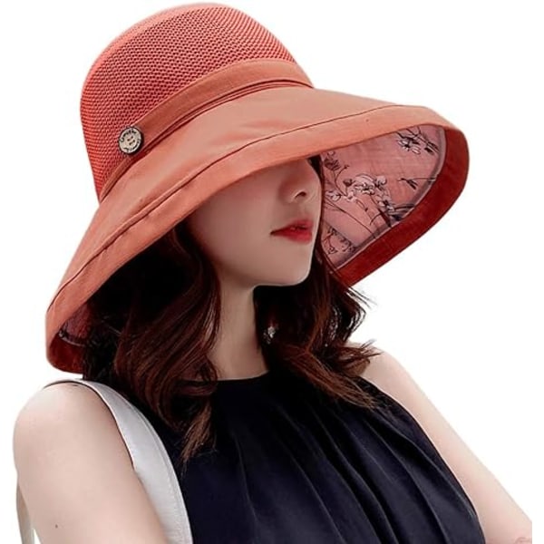 Kvinnors Mesh Solhattar Sommar Strand UV-skydd UPF Packable Bred Brätte Hakrem orange