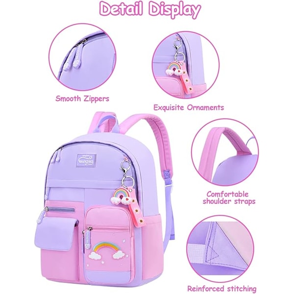 Skolesekk for jenter, barnesekk for barn fra 6 til 10 år, lett og vanntett nylon skolesekk, 30x12x41cm