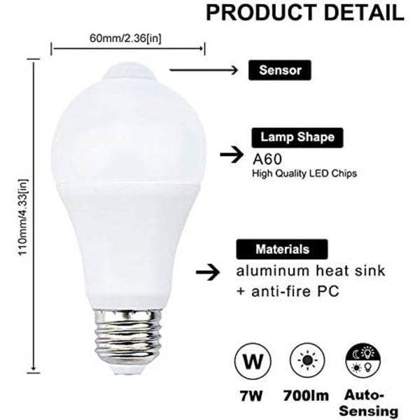 12W E27 PIR Infrarød LED-pære med bevægelsessensor Automatisk tænd/sluk A60 220V 1200lm svarende til 120W halogen, (pakke med 2, varm hvid 2700k