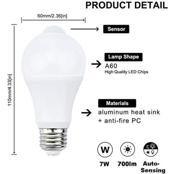 12W E27 PIR Infrarød LED-pære med bevegelsessensor Automatisk på/av A60 220V 1200lm Tilsvarende 120W Halogen, (2-pakning, Varm hvit 2700k