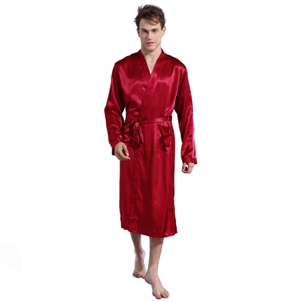 Herrbadrock sommar lätt bastukostym långärmad mantel med skärp sommarrock pyjamas sidenpyjamas kimono pyjamas herrpresent deep red L