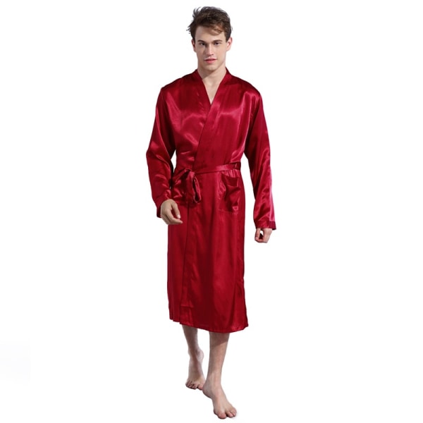 Morgonrock för män sommar lätt bastudräkt långärmad morgonrock med bälte sommarrock pyjamas sidenpyjamas kimono pyjamas herrpresent deep red XL