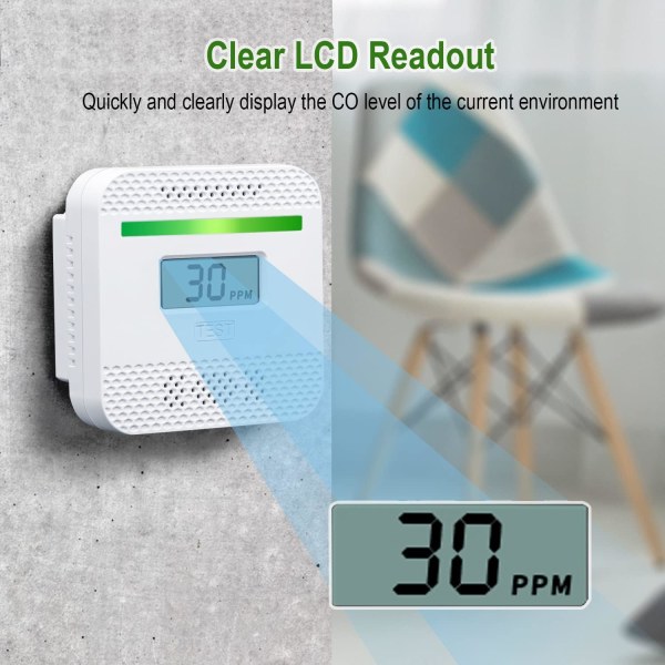 Kolmonoxiddetektor, bärbar kolmonoxidlarmdetektorenhet med digital LCD-skärm för resa hem, UL-listad