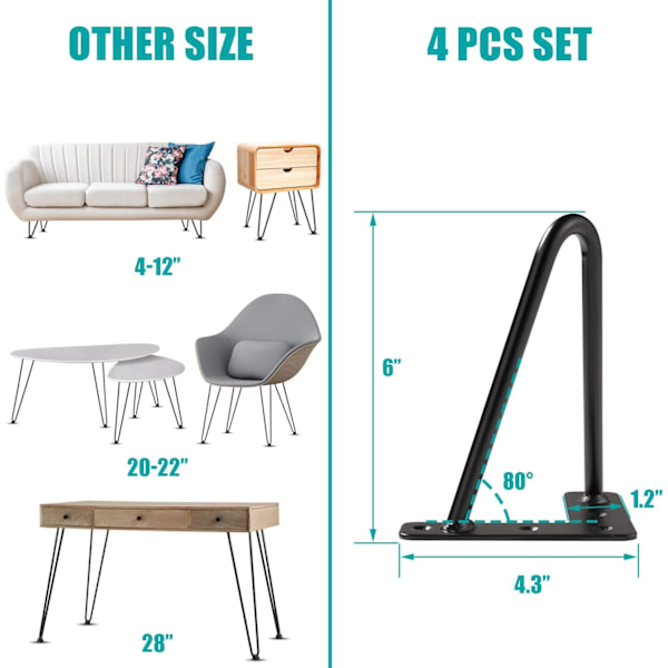 Hårnålben 15cm 4-pakke, DIY metallbordben ideelt for spisebord, skrivebord, Century Modern Style (15cm, svart)